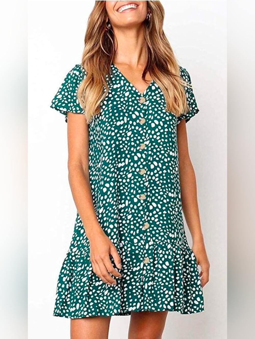 Casual Green and White Polka Dot Button-Front Dress